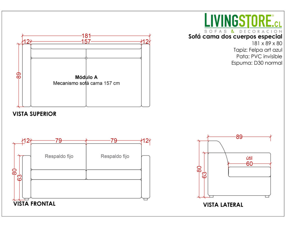 Sofá cama especial de 2 cuerpos con cojines fijos y medidas personalizadas